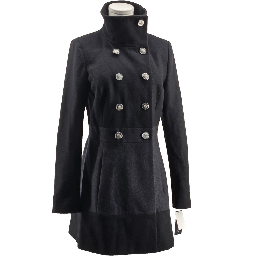 GUESS Coat Womens S Black Gray Wool Pea Coat Collared Lined Pockets Button‎